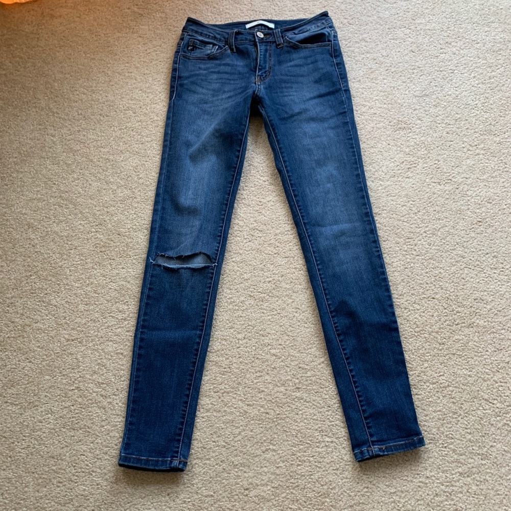 KanCan Dark Blue Skinny Jeans with Knee Distress